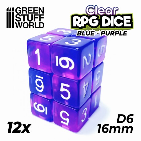 12x Dados D6 16mm Azul Lila Transparente - GSW Supplies - RedQueen.mx