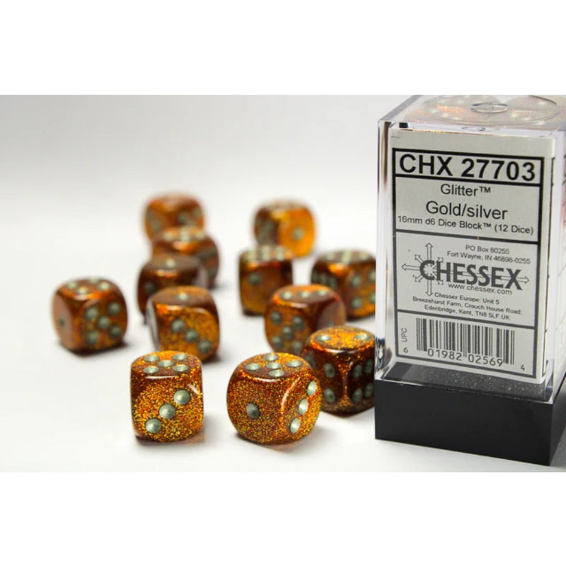Glitter Gold/Silver 16mm d6 (12 dados) - Chessex Dice Set