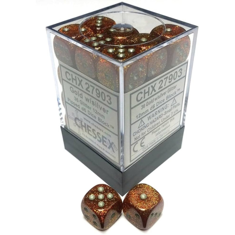 Glitter Gold/Silver 16mm d6 (12 dados) - Chessex Dice Set
