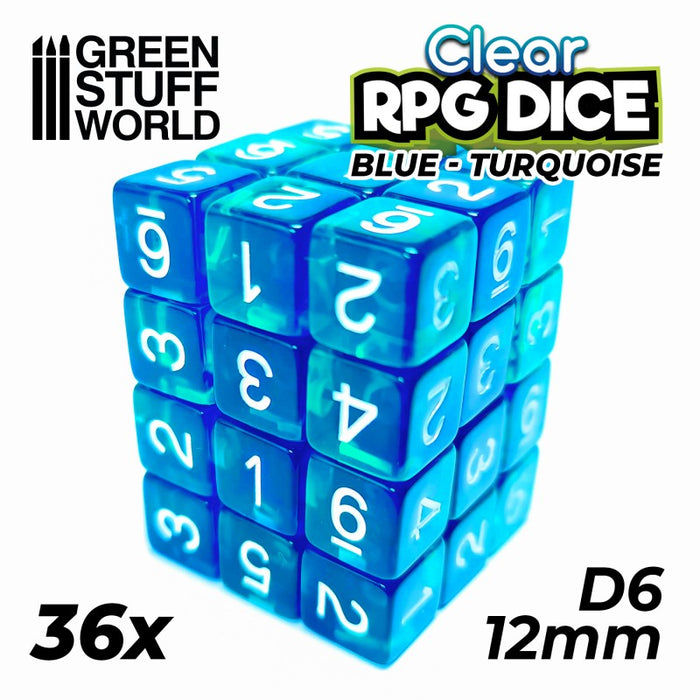 36x Dados D6 12mm Azul Turquesa Transparente - GSW Supplies - RedQueen.mx