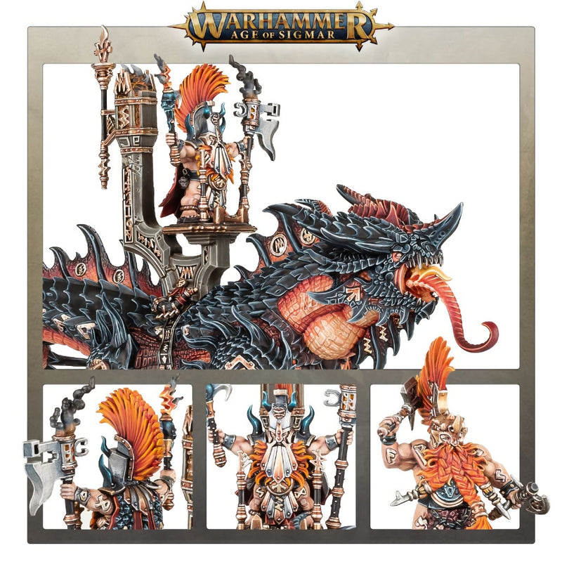 Auric Runefather on Magmadroth - WH Age of Sigmar: Fyreslayers - RedQueen.mx